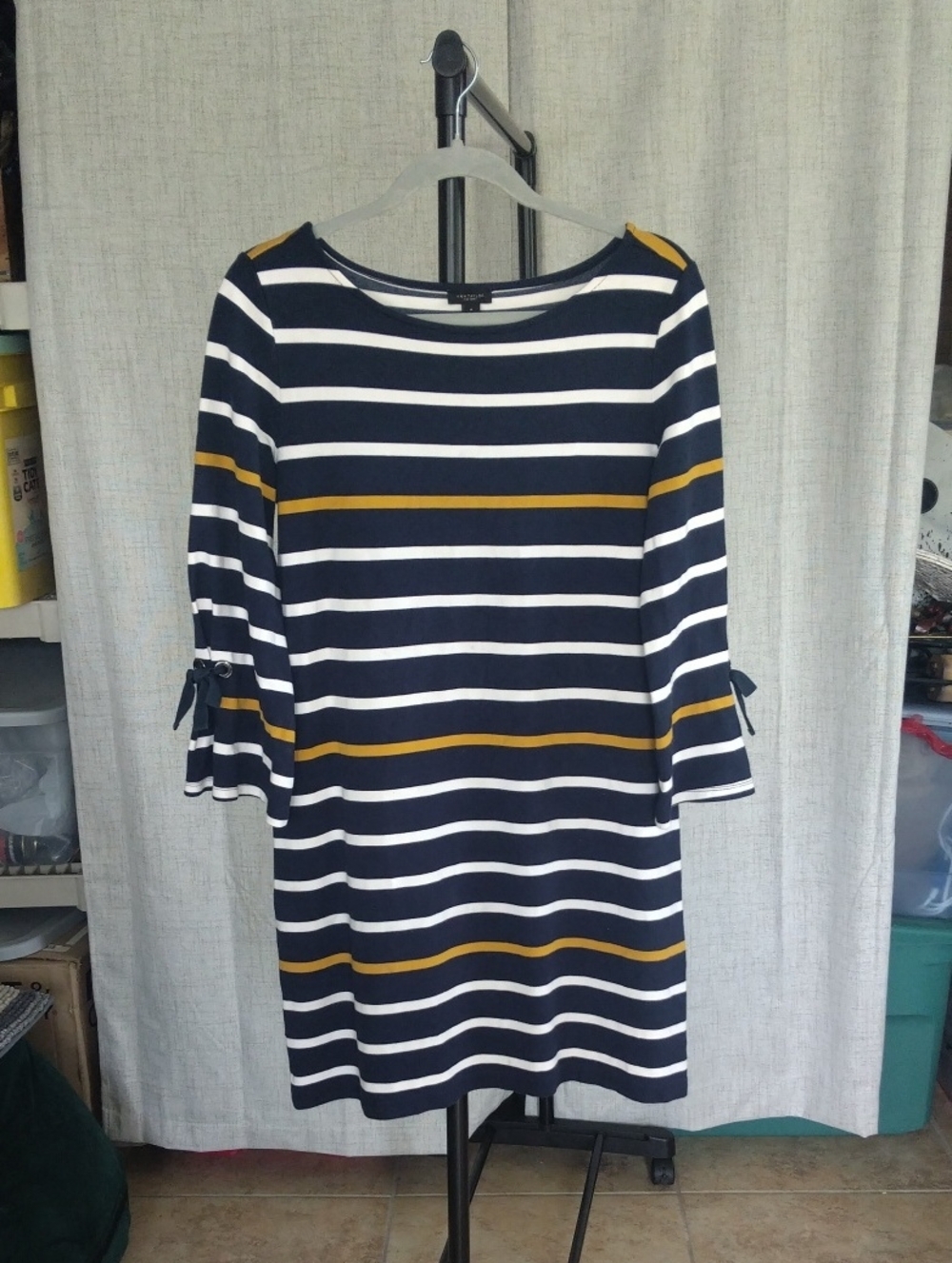 Ann Taylor Factory Navy, White & Mustard Striped Midi Dress Size Medium